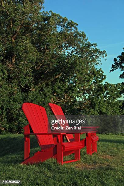 two empty red adirondack chairs or muskoka chairs on grass area with trees in background - adirondack chair closeup stock pictures, royalty-free photos & images