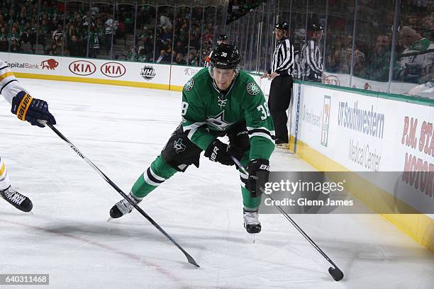 Lauri Korpikoski of the Dallas Stars handles the puck against the Buffalo Sabres at the American Airlines Center on January 26, 2017 in Dallas, Texas.