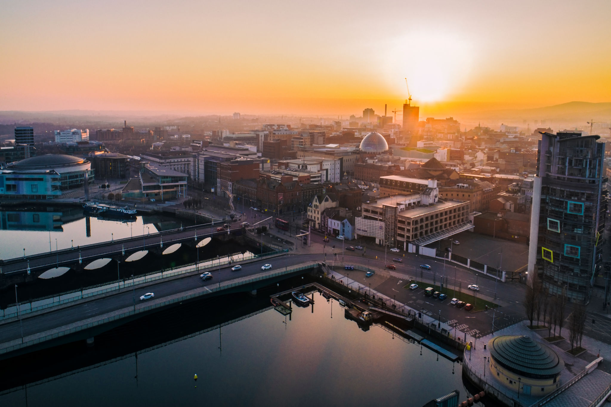 Belfast sunset aerial view Belfast sunset aerial view