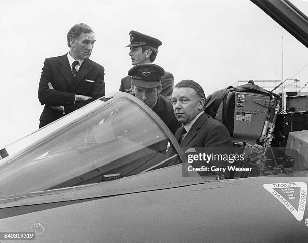 British politician Francis Pym, Baron Pym , the Secretary of State for Defence, in the cockpit of a Panavia Tornado combat airfcraft at the British...