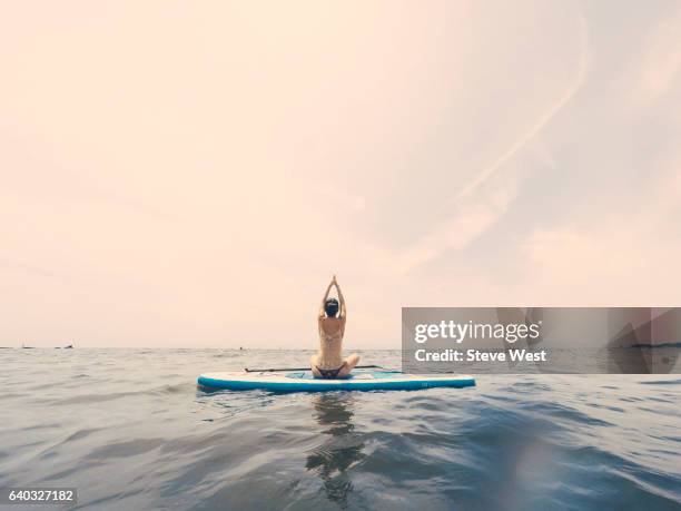 young woman practicing yoga on a paddleboard in the ocean - practioners enjoy serenity of paddleboard yoga stockfoto's en -beelden