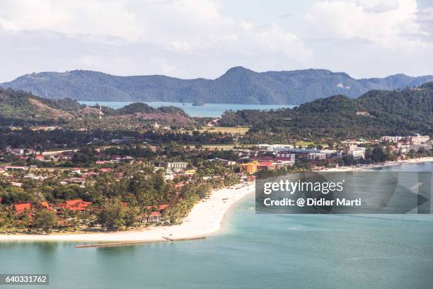 aerial view of cenang beach on langkawi island, malaysia - pulau langkawi stock pictures, royalty-free photos & images