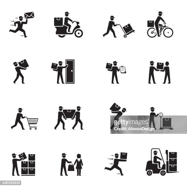delivery black icons - delivery person stock illustrations