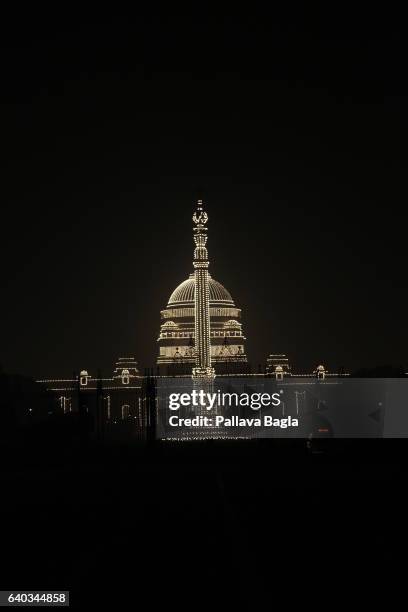 The dome of the Presidents House and Jaipur Minar illuminated. To celebrate the sixty eight Republic Day, government buildings were specially...