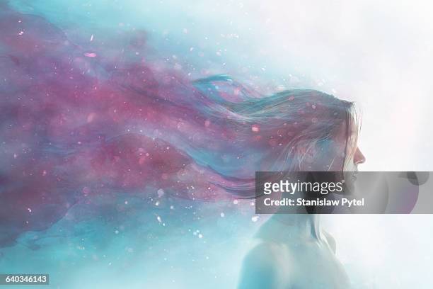 portrait of girl merged with cosmos - espiritualidad fotografías e imágenes de stock