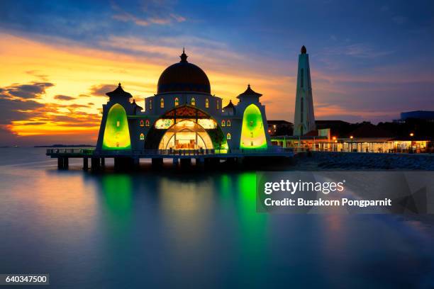 sunset view from malacca straits - masjid selat melaka stock pictures, royalty-free photos & images