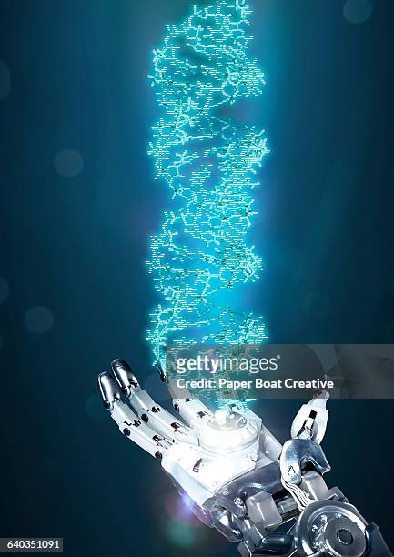 robot hand projecting a double helix dna model - medical research paper stock pictures, royalty-free photos & images