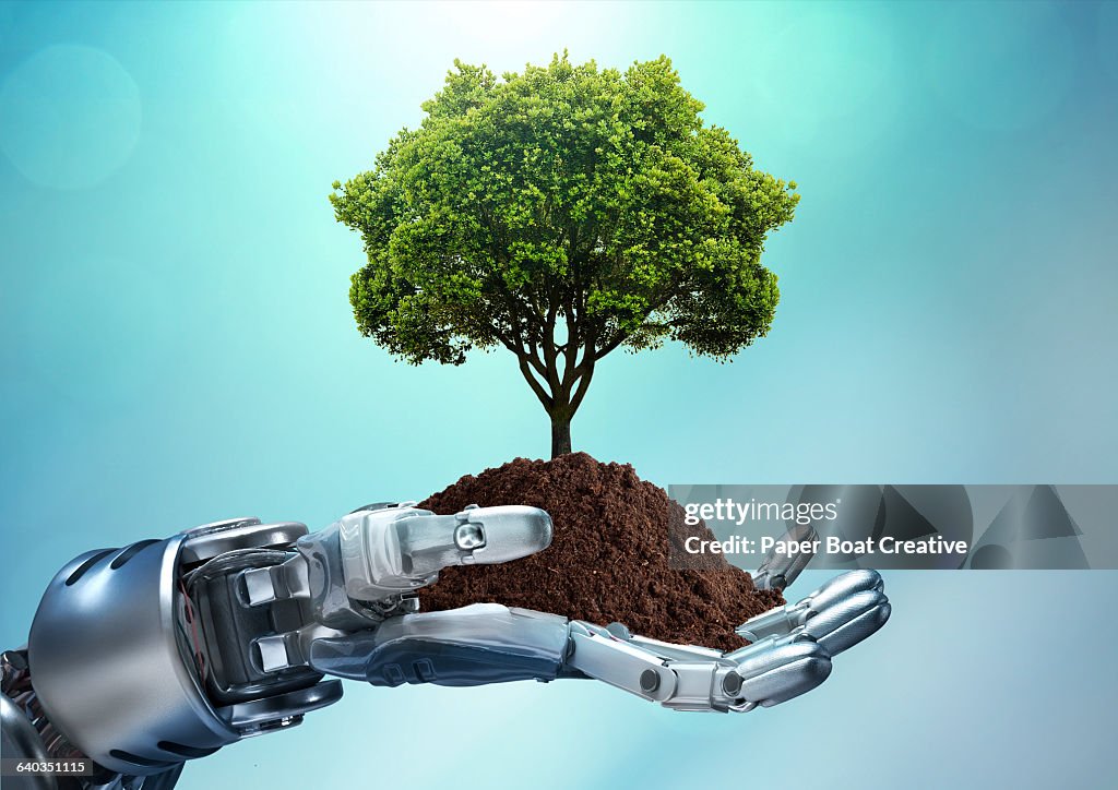 ingen forbindelse solopgang pistol Robot Hand Holding A Tree Grounded With Soil Stock-Foto - Getty Images