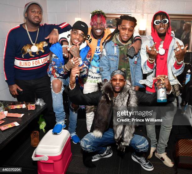 Pierre "Pee" Thomas, Quavo, Lil Yachty, Takeoff, Offset and 2 Chainz attend the Migos In Concert at Center Stage on January 28, 2017 in Atlanta,...