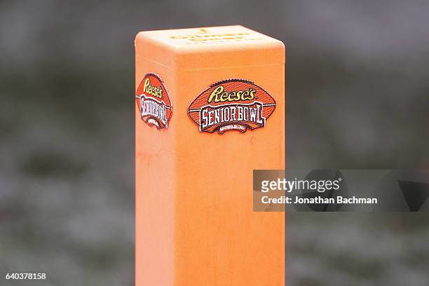 The Reese's Senior Bowl logo is seen during the Reese's Senior Bowl at the Ladd-Peebles Stadium on January 28, 2017 in Mobile, Alabama.