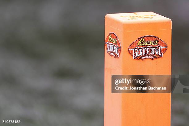 The Reese's Senior Bowl logo is seen during the Reese's Senior Bowl at the Ladd-Peebles Stadium on January 28, 2017 in Mobile, Alabama.