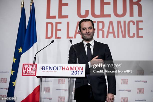 Candidate for the 2017 French Presidential Election Benoit Hamon delivers a speech after the results of the second round of the Primary Election of...