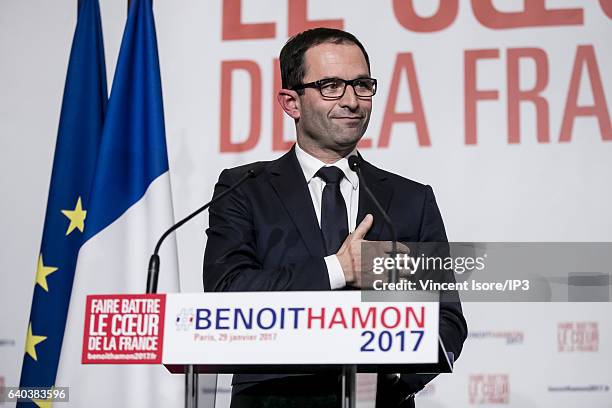 Candidate for the 2017 French Presidential Election Benoit Hamon delivers a speech after the results of the second round of the Primary Election of...