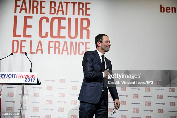 Candidate for the 2017 French Presidential Election Benoit Hamon delivers a speech after the results of the second round of the Primary Election of...