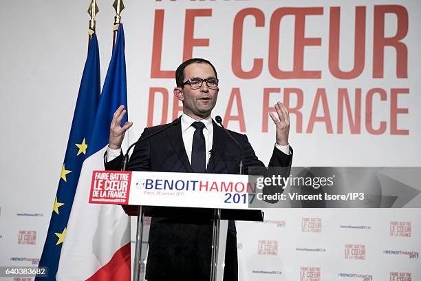 Candidate for the 2017 French Presidential Election Benoit Hamon delivers a speech after the results of the second round of the Primary Election of...