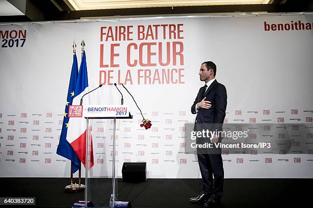 Candidate for the 2017 French Presidential Election Benoit Hamon delivers a speech after the results of the second round of the Primary Election of...