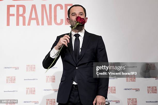 Candidate for the 2017 French Presidential Election Benoit Hamon delivers a speech after the results of the second round of the Primary Election of...