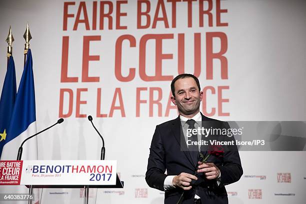 Candidate for the 2017 French Presidential Election Benoit Hamon delivers a speech after the results of the second round of the Primary Election of...