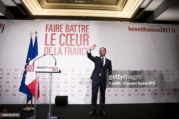 Candidate for the 2017 French Presidential Election Benoit Hamon greets his supporters after the results of the second round of the Primary Election...