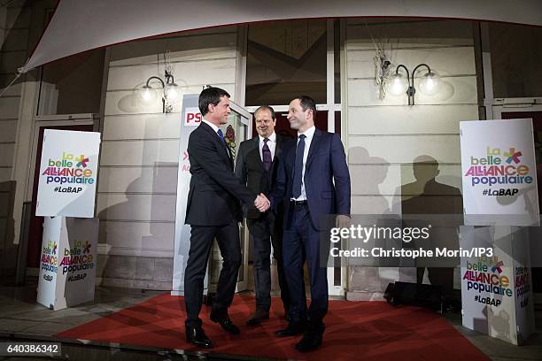 French Socialist Party First Secretary Jean-Christophe Cambdelis greets both candidates for the 2017 French Presidential Election, Benoit Hamon and...