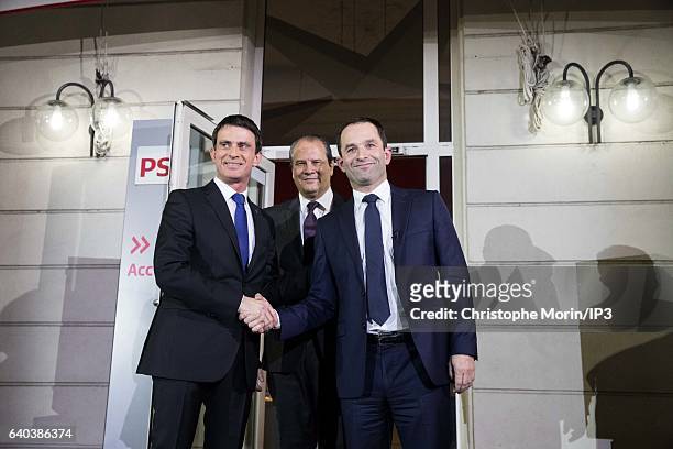 French Socialist Party First Secretary Jean-Christophe Cambdelis greets both candidates for the 2017 French Presidential Election, Benoit Hamon and...