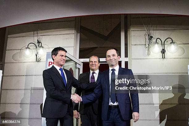 French Socialist Party First Secretary Jean-Christophe Cambdelis greets both candidates for the 2017 French Presidential Election, Benoit Hamon and...