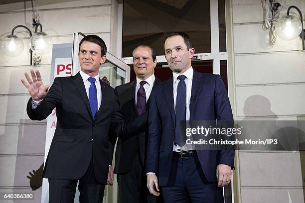 French Socialist Party First Secretary Jean-Christophe Cambdelis greets both candidates for the 2017 French Presidential Election, Benoit Hamon and...