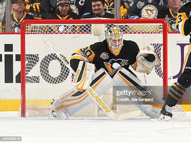 Matt Murray of the Pittsburgh Penguins defends the net against the St. Louis Blues at PPG Paints Arena on January 24, 2017 in Pittsburgh,...