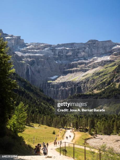 persons walking along the cirque of gavarnie . pyrenees. france. world heritage by unesco, the great waterfall - hautes pyrénées photos et images de collection