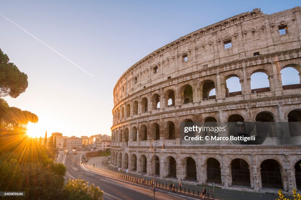 High angle view over the Colosseum at sunrise. Rome, Lazio, Italy.