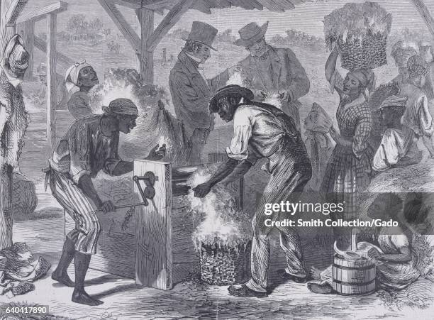 African-American slaves working on Whitney's cotton gin as white men observe behind them, 1869. From the New York Public Library. .