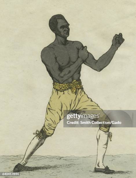 Drawing titled a "Striking view of Richmond in which an African-American man is in a fighting pose, Staten Island, New York, 1810. From the New York...