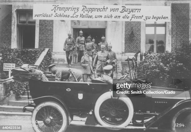 The Crown Prince Rupprecht of Bavaria leaves his Castle La Vallee to go to the front during World War I, 1915. From the New York Public Library. .