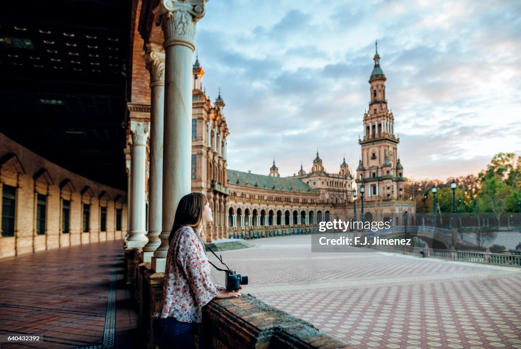 Woman in the Plaza de Espana, Seville.