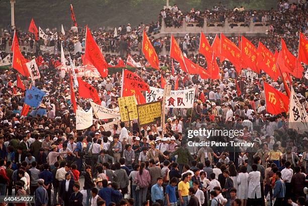 Sea of student protesters gathers in Tiananmen Square in May 1989. They were asking for greater freedom of speech and democracy.