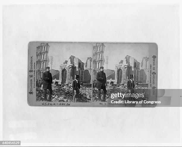 Men stand and look at the ruins of buildings, after the Great Chicago Fire of 1871. | Location: LaSalle Street and Washington Street, Chicago,...