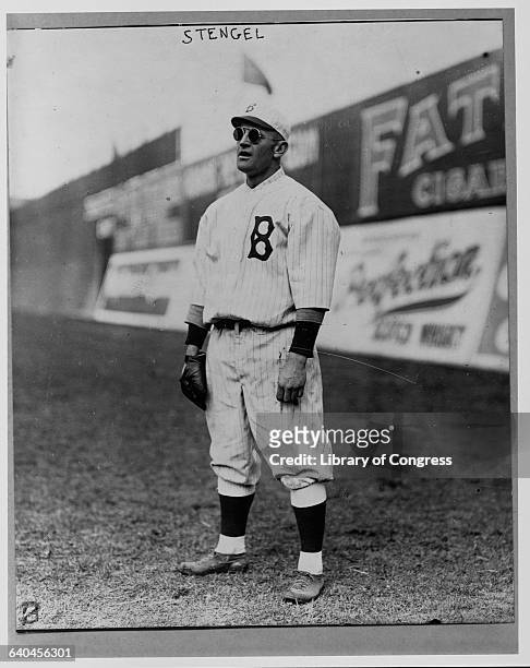 Portrait of Casey Stengel in the outfield during a game for Brooklyn.