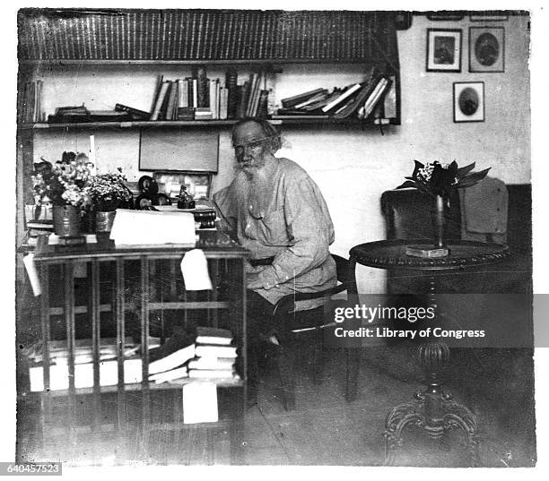 Writer Leo Tolstoy Sitting at Desk in His Study