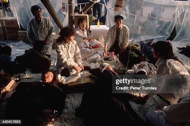 Hunger strikers lie in tents in Tiananmen Square at during the pro-democracy protests. The Chinese government eventually answered the protests with...