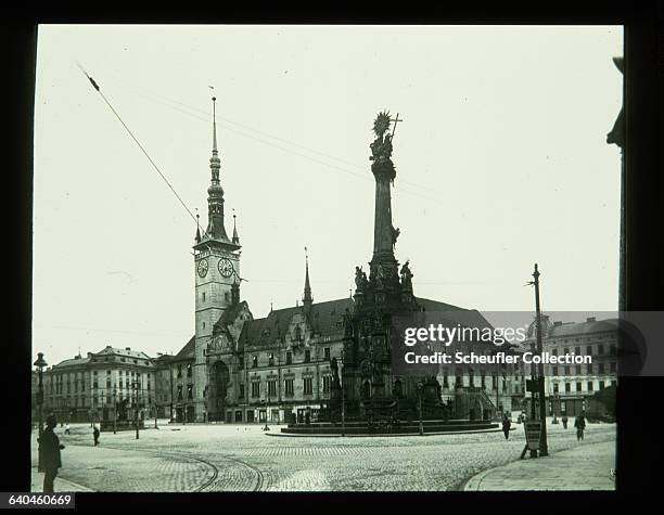 Marian monument stands outside the townhall of Olomouc in the Czech lands.