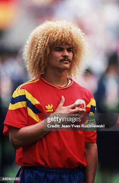 Carlos Valderrama plays for Colombia at the 1990 World Cup.