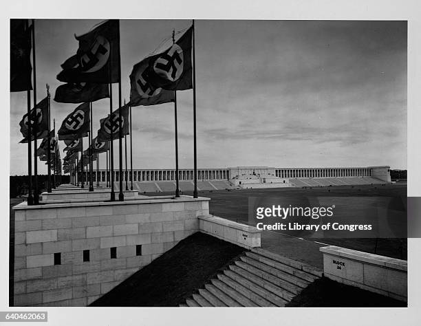 Swastikas fly over the large Zeppelinfeld in Nuremberg, Germany.
