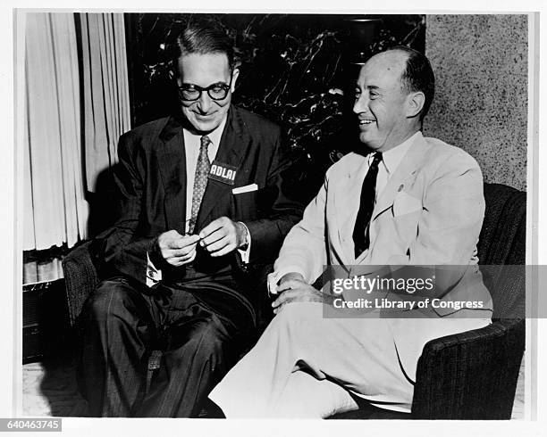 Democrats Carey Estes Kefauver, running for vice president, and Adlai Ewing Stevenson II, running for president, seated together during the...