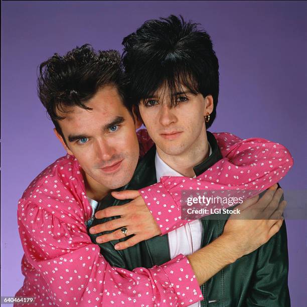 Morrissey hugs his friend and musical collaborator Johnny Marr.