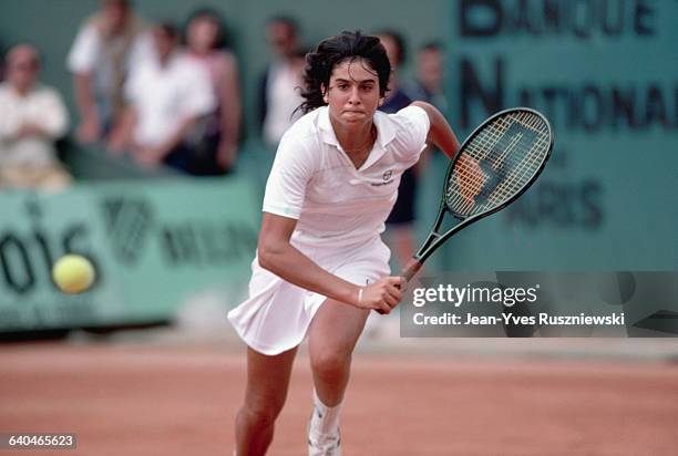 Gabriela Sabatini runs for a backhand shot during the 1985 French Open.