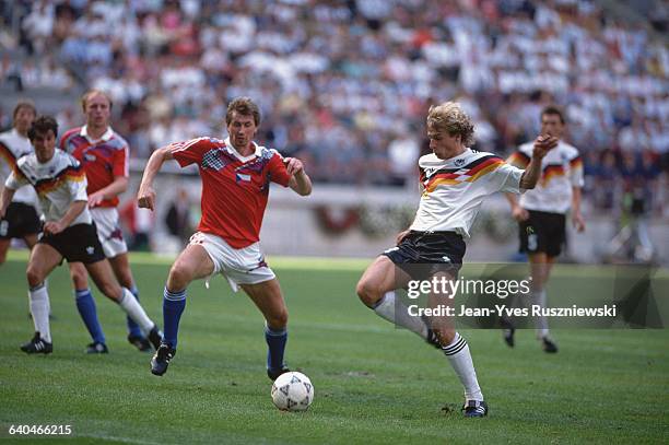 Jurgen Klinsmann, of Germany, prepares to kick the ball during a 1990 World Cup match against Czechoslovakia.
