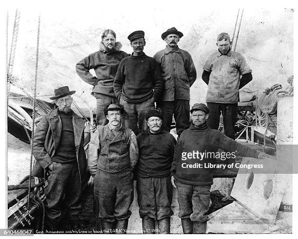Polar explorer Roald Amundsen and his crew in Nome, Alaska, aboard the Nowegian ship that was the first to navigate solo through the Northwest...