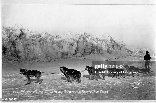 Dog sled team, entered by M.J. McCarthy, prepares for the 3rd All Alaska Sweepstakes. The driver of the team is Chester Bilby.