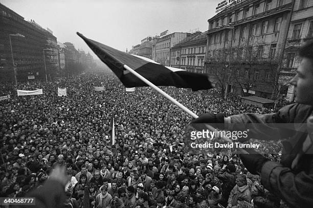 Citizens of Prague, Czechoslovakia turn out by the thousands in November 1989 to protest the Communist regime led by General Secretary Milors Jakes....