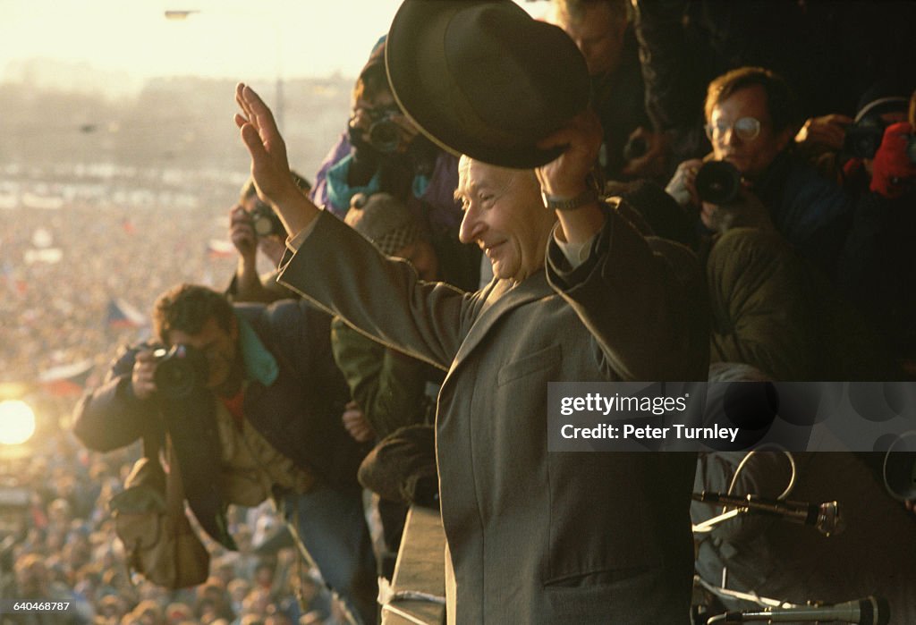 Alexander Dubcek Waving to Crowd